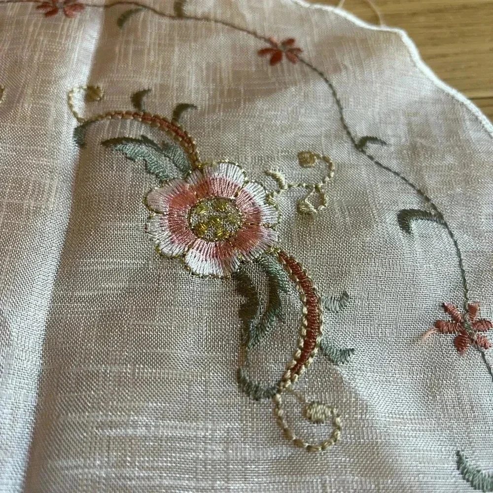 Vintage Hand-Embroidered Round Lace Doily - 11” Floral Design